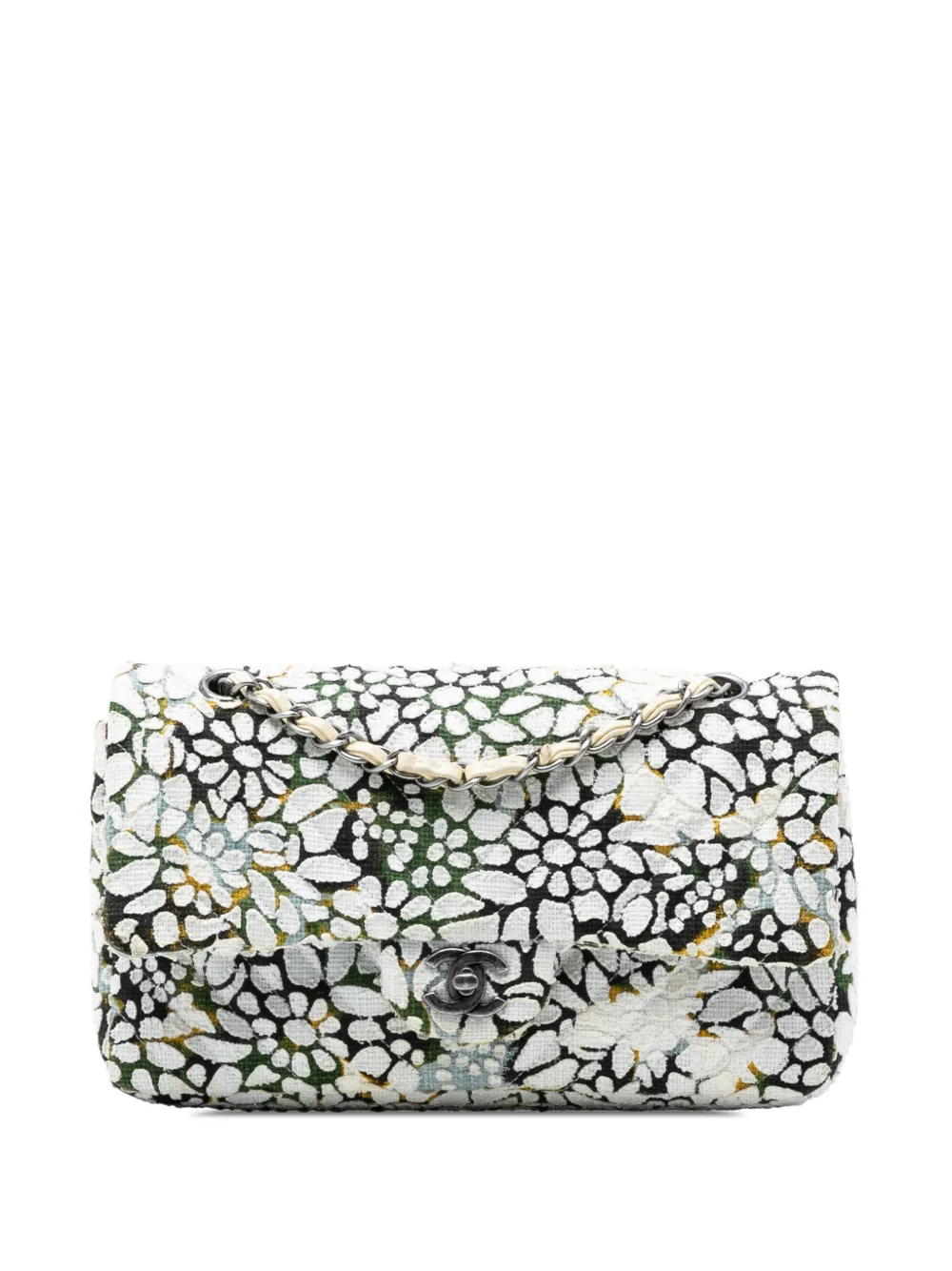 CHANEL Pre-Owned 2015-2016 Medium Classic Chevron Tweed Floral Double Flap shoulder bag - Bianco