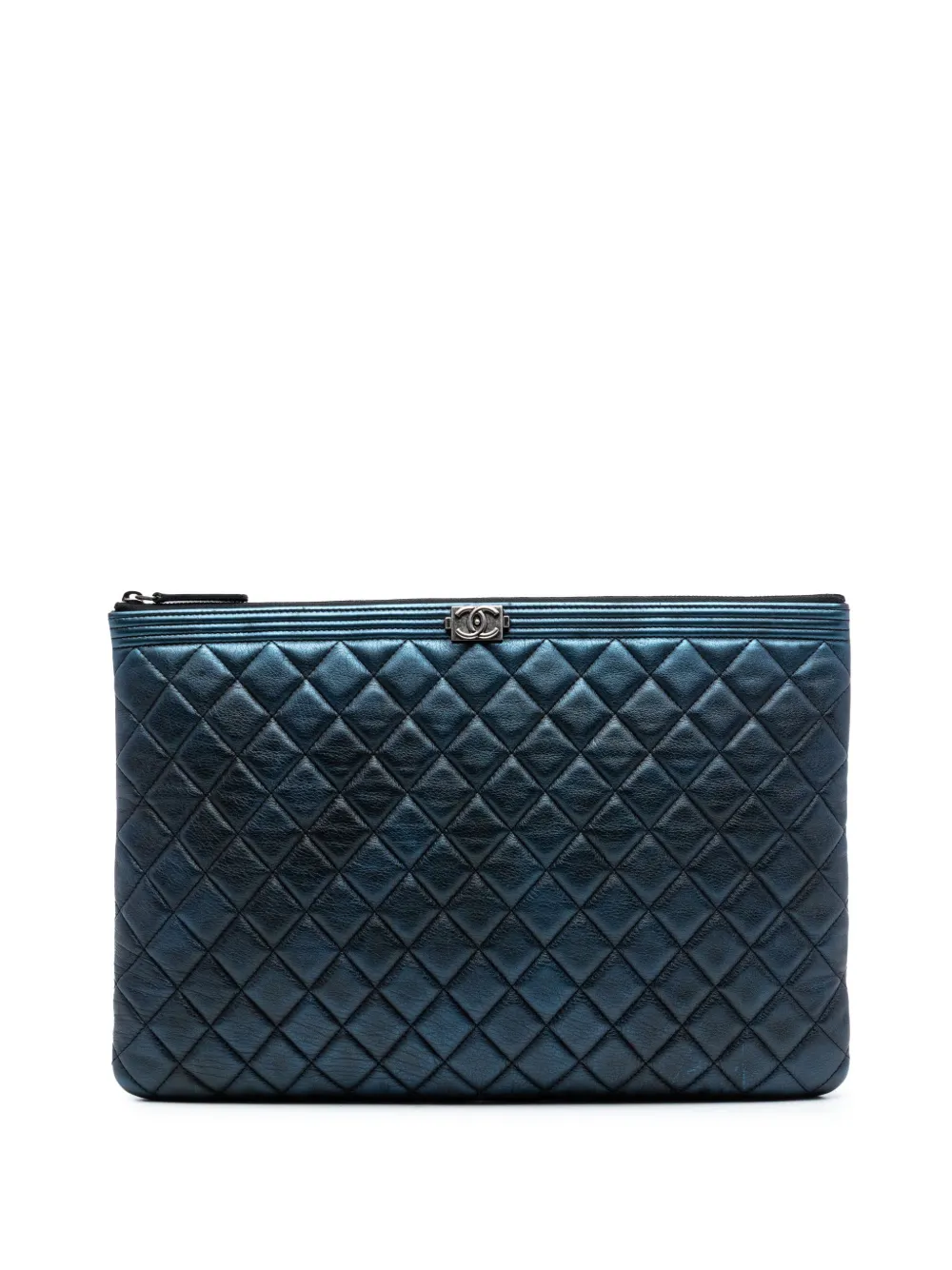 CHANEL Pre-Owned 2015-2016 Large Quilted Metallic Lambskin Boy O Case clutch bag - Blu