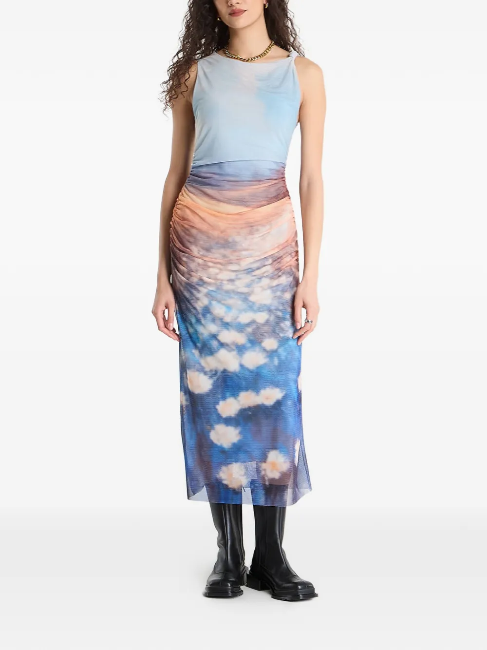 Desigual cloud-print ruched dress - Blu