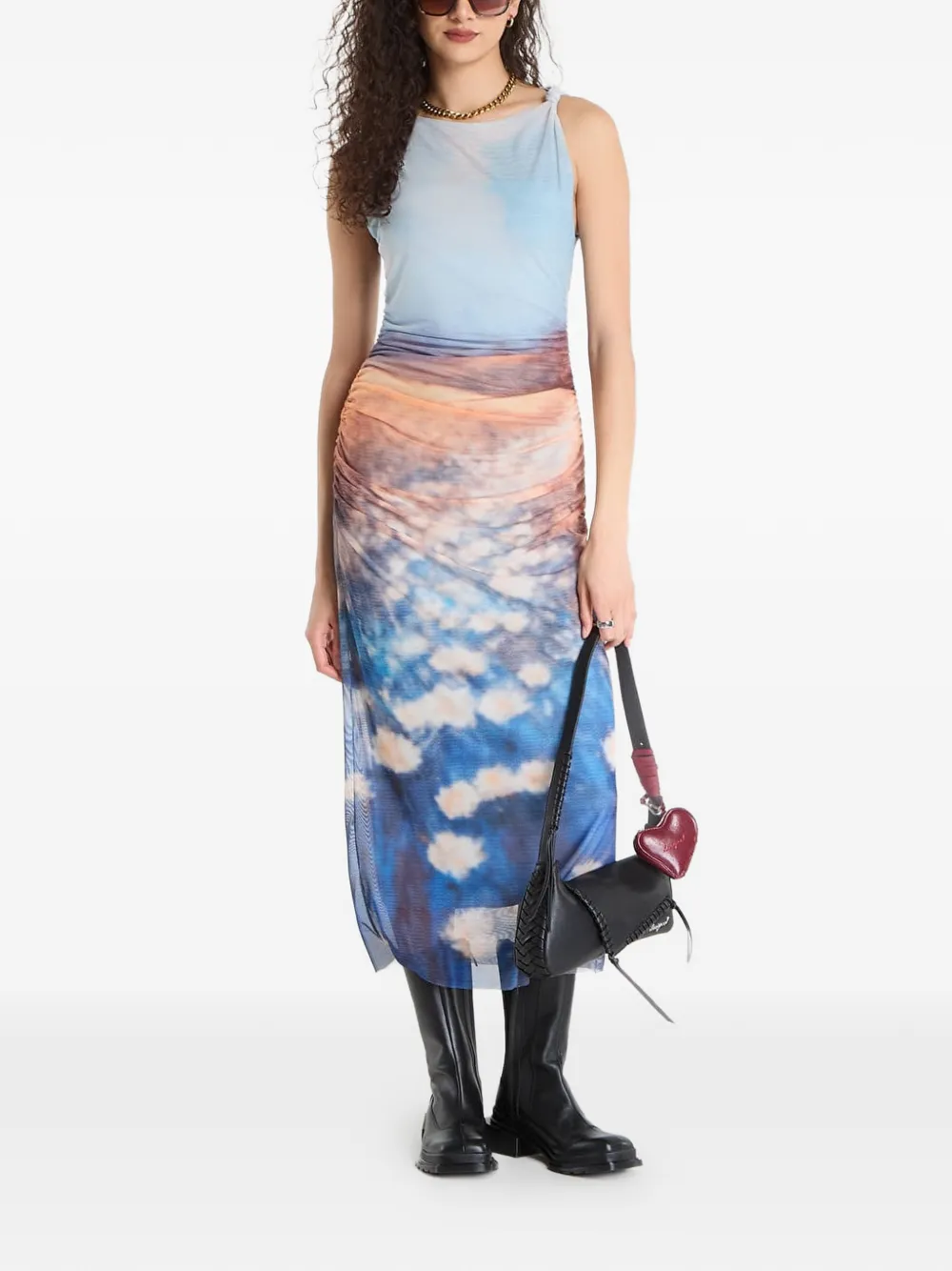 Desigual Jurk met ruches en wolkenprint Blauw