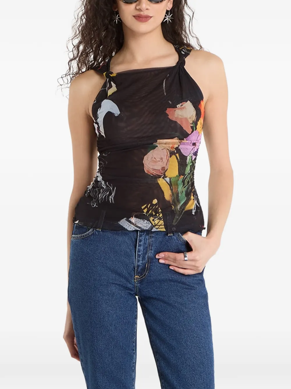 Desigual floral-print mesh top - Schwarz