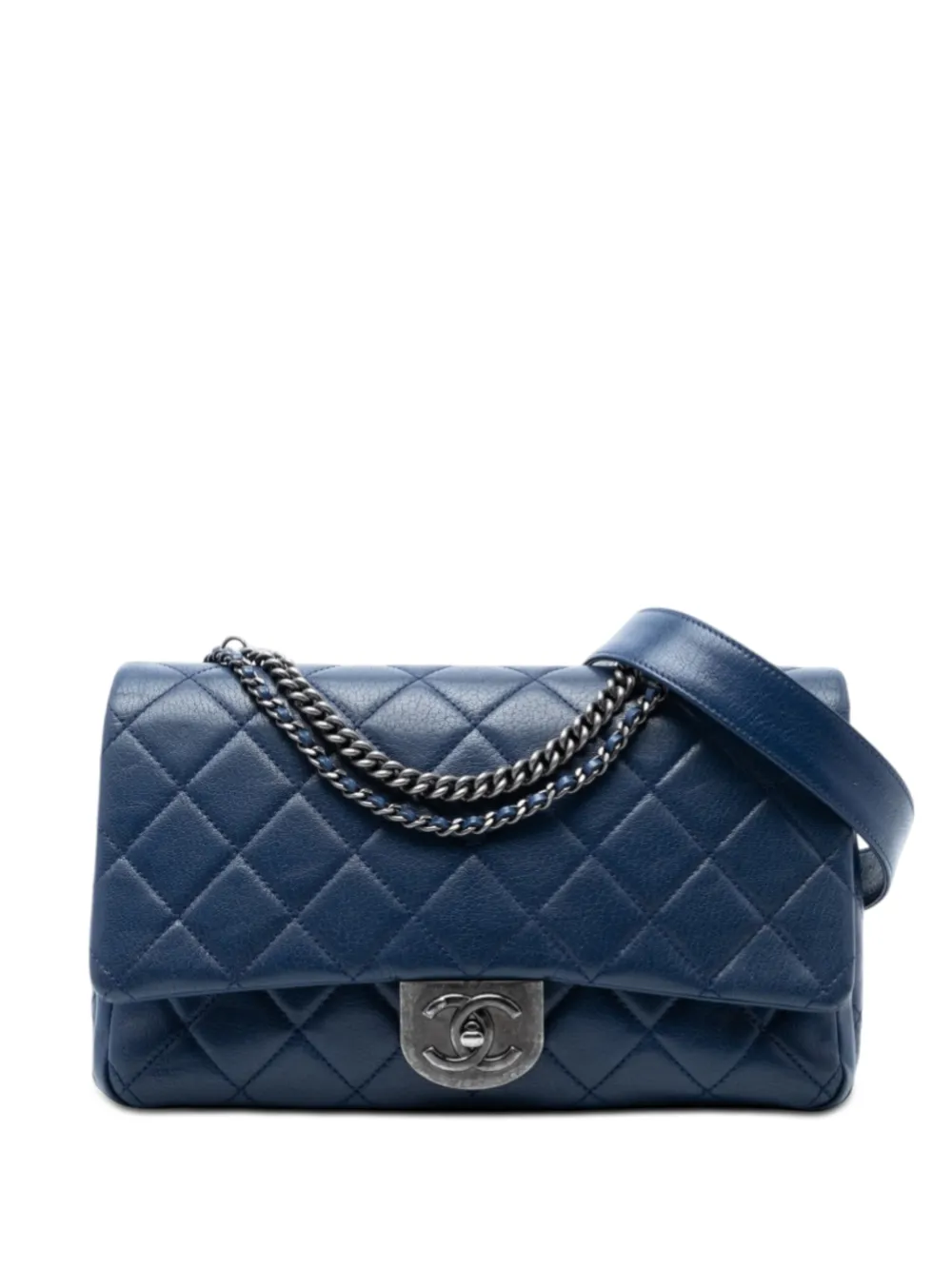 CHANEL Pre-Owned 2016-2017 Large Quilted Goatskin Double Carry Waist Chain Flap satchel - Blu