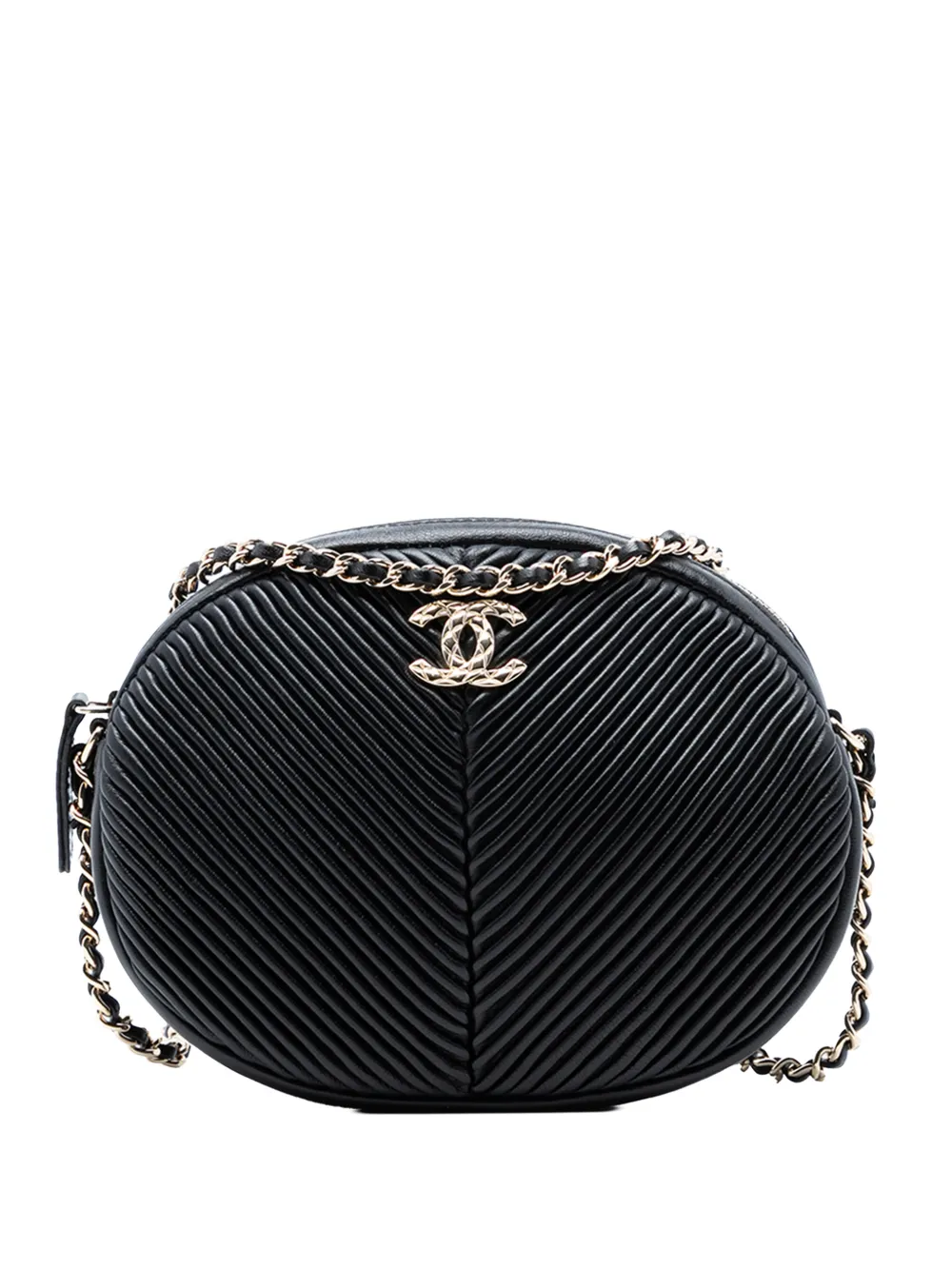 CHANEL Pre-Owned 2019 Chevron Lambskin Pleated Oval Camera Bag crossbody bag - Nero
