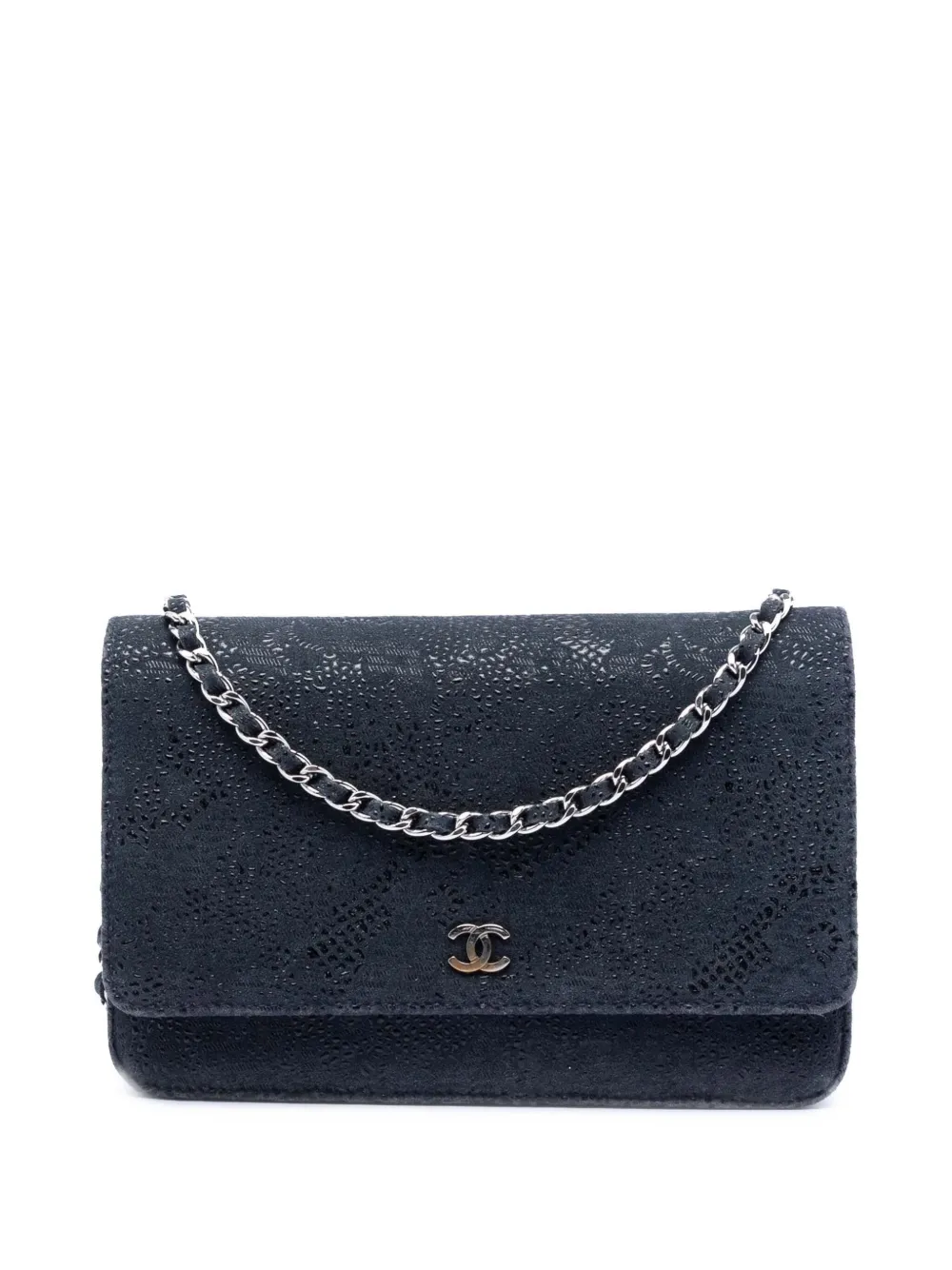 Pre-owned Chanel 2013-2014 Cc Lace Overlay Goatskin Wallet On Chain Crossbody Bag In Blue