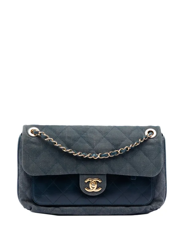 Chanel Pre-owned 2016-2017 CC Quilted Denim and Calfskin Front Pocket Single Flap Crossbody Bag in Blue