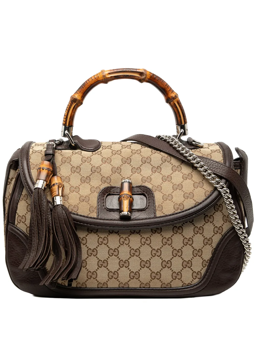 Pre-owned Gucci 2021-2026 Large Gg Canvas New Bamboo Top Handle Bag Satchel In Neutral