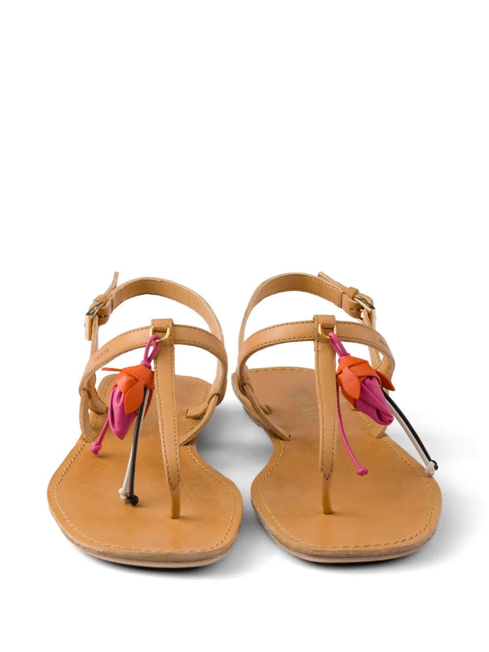 Prada antiqued leather thong sandals with floral ornament Beige