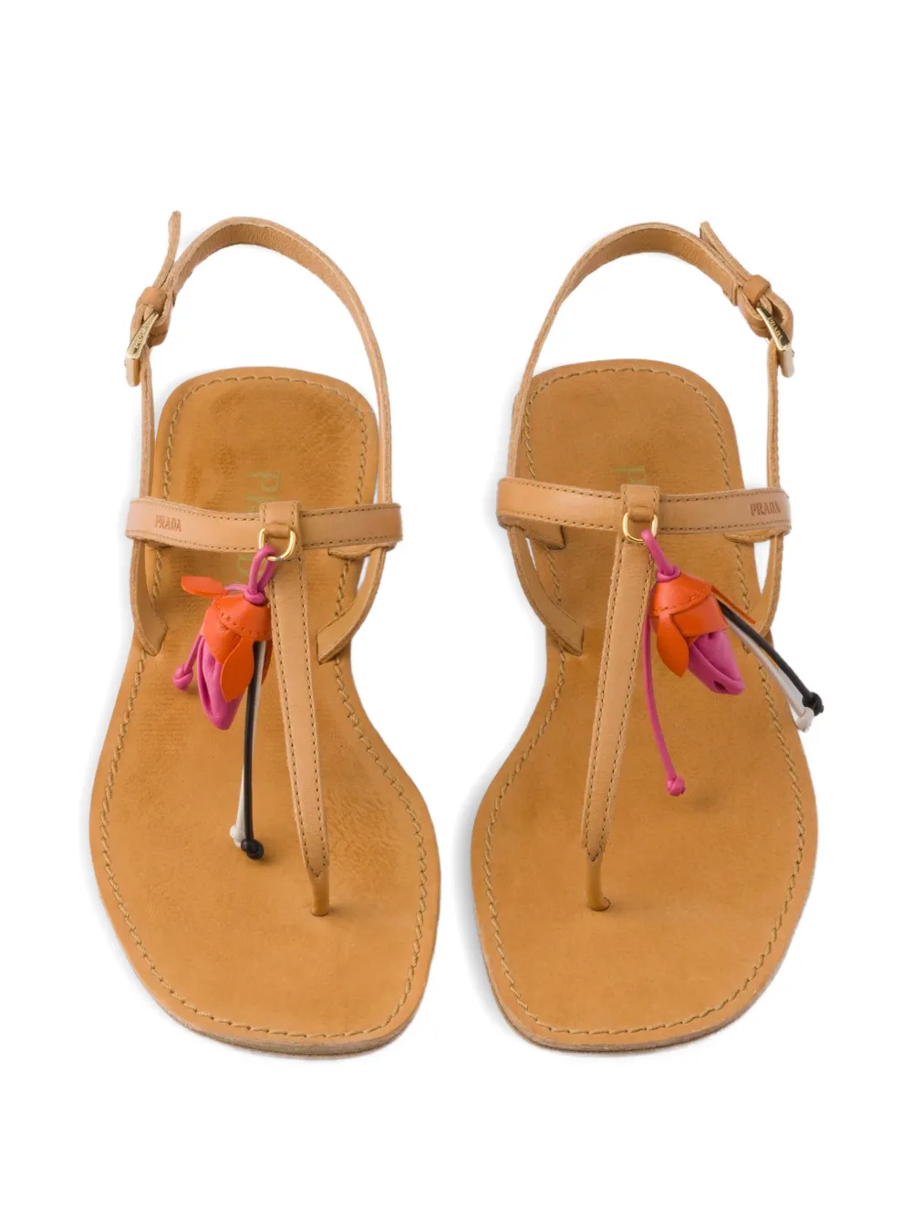 Prada antiqued leather thong sandals with floral ornament Beige