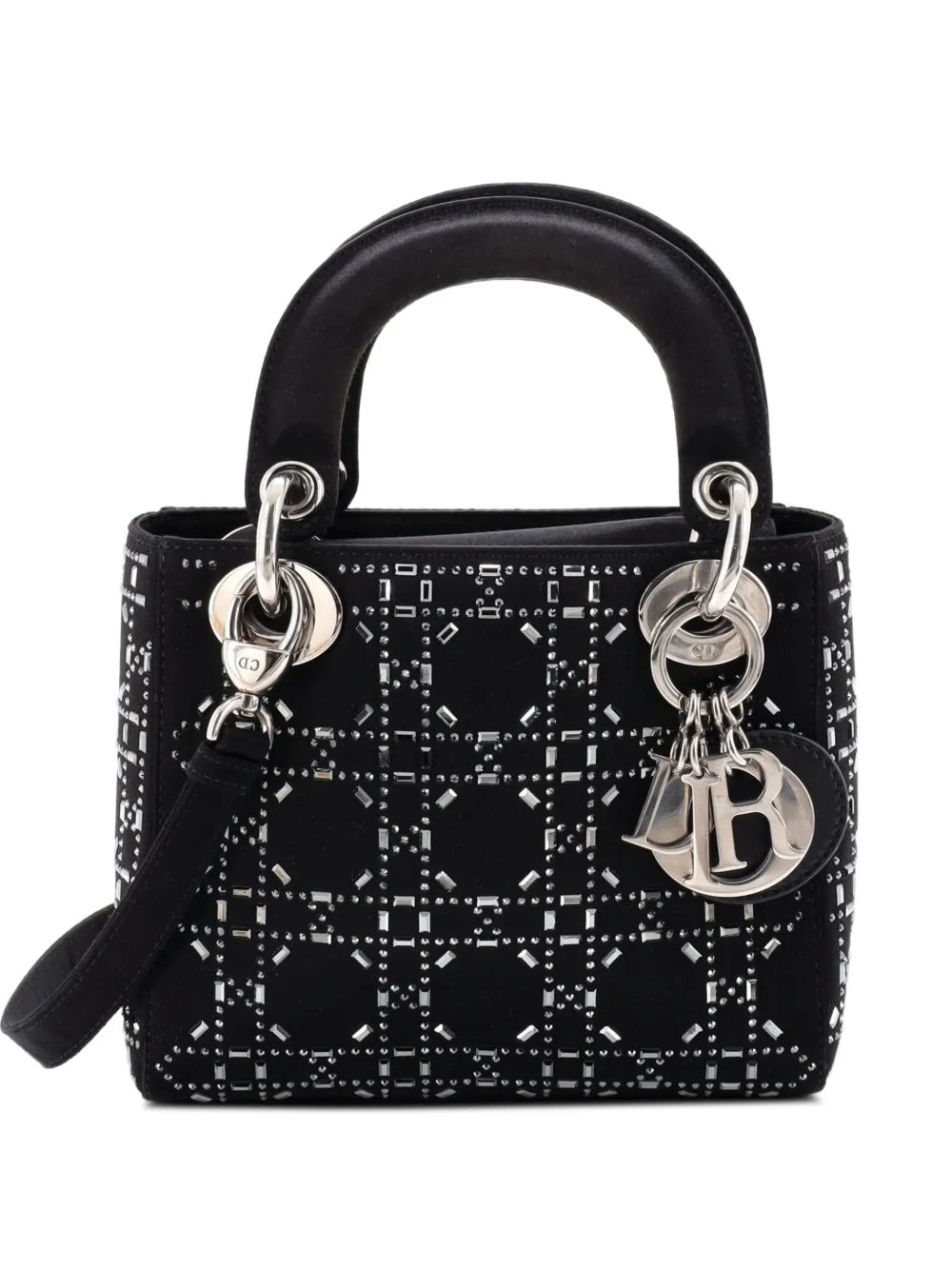 Christian Dior Pre-Owned Borsa a tracolla Lady Dior mini in raso trapuntato con motivo Cannage e cristalli - Nero
