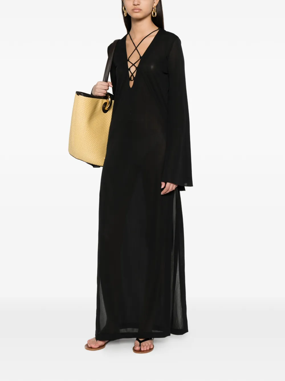 THE ANDAMANE Maxi-jurk met flared mouwen en veters Zwart