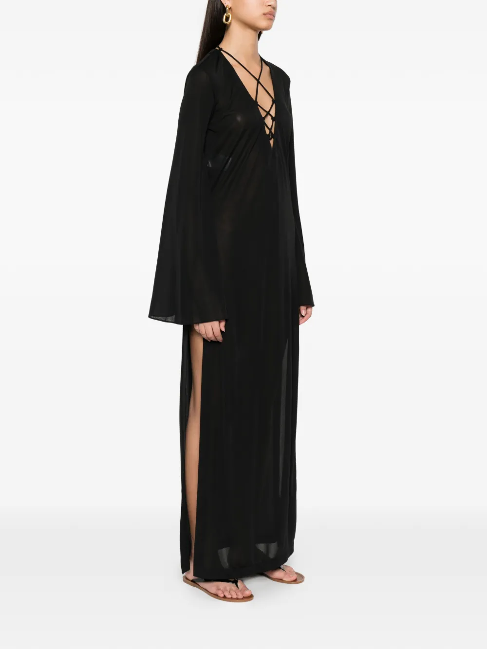 THE ANDAMANE Maxi-jurk met flared mouwen en veters Zwart