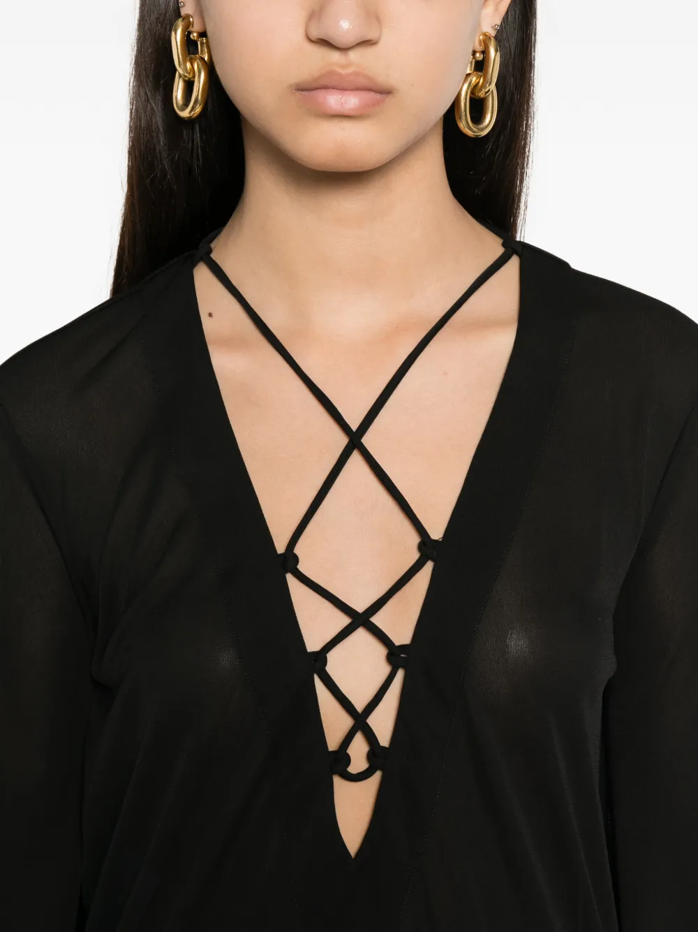 THE ANDAMANE Maxi-jurk met flared mouwen en veters Zwart