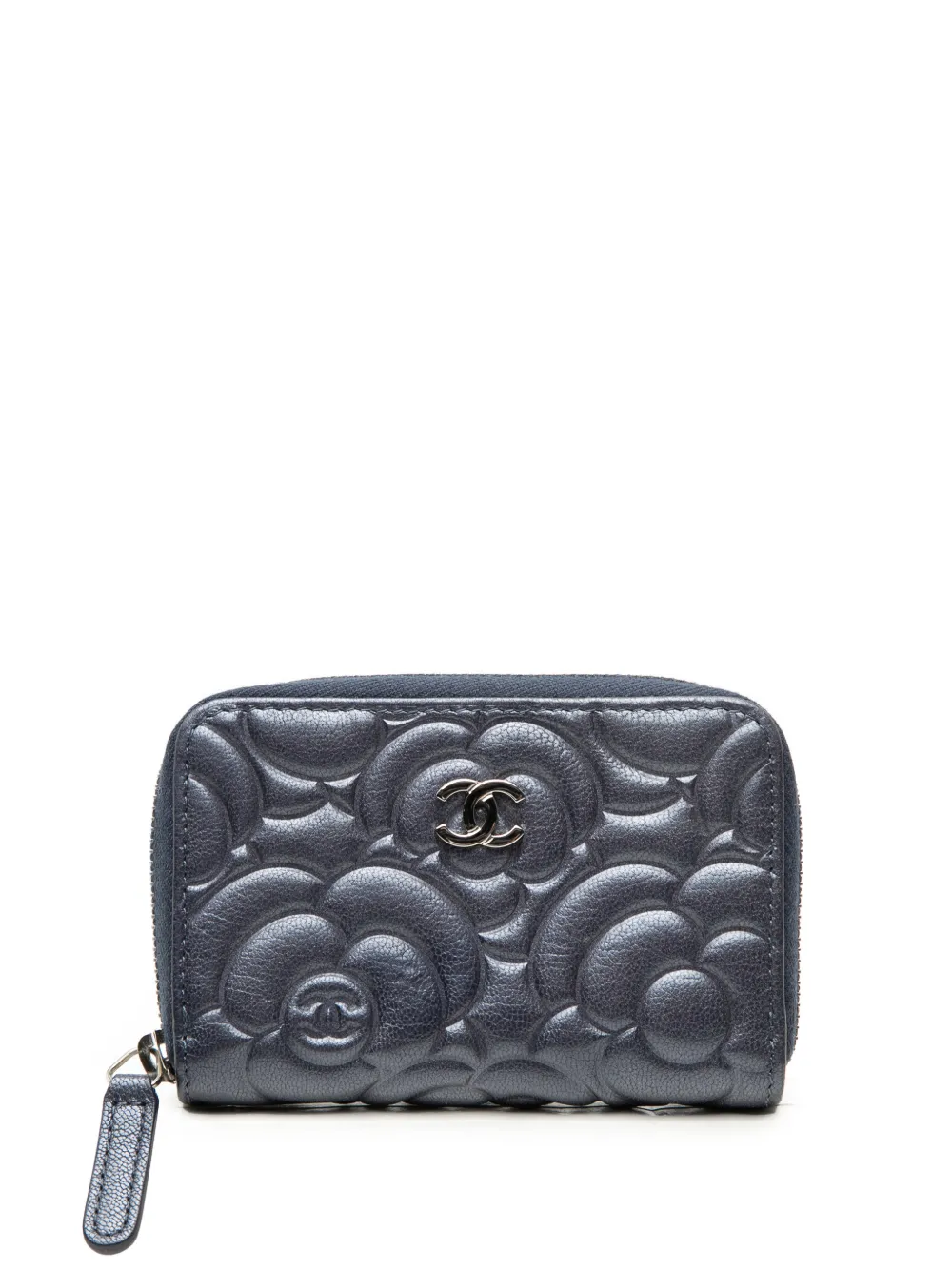 CHANEL Pre-Owned 2019 CC Grained Calfskin Camellia Embossed Zip Purse coin pouch - Grau