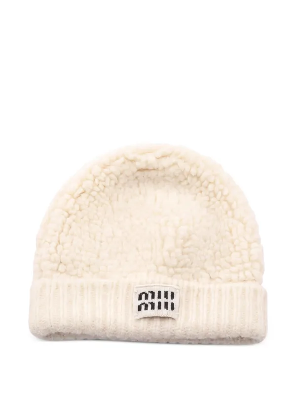 Miu Miu Pre-owned 2010s Logo-patch Beanie Hat in Neutrals
