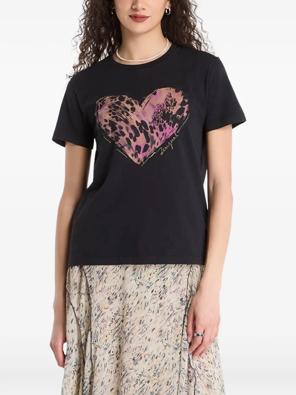 Desigual Leopard-print Heart-motif T-shirt In Black