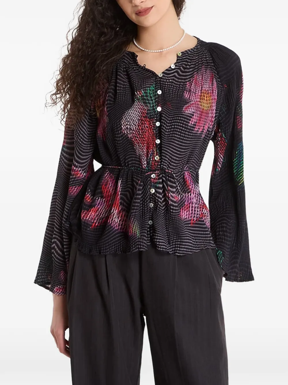 Desigual floral-print plissé blouse - Nero