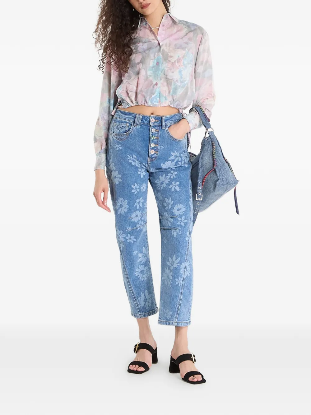 Desigual Floral-print Jeans In Blue