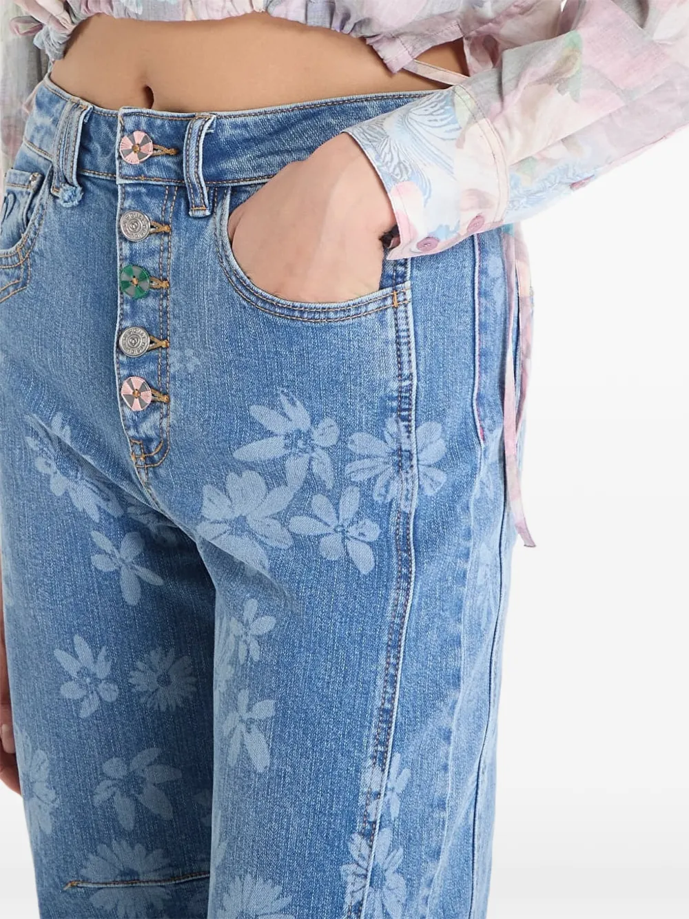 Desigual Floral-print Jeans In Blue