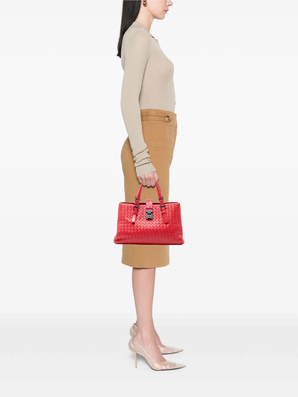  Bottega Veneta Pre-owned Borsa A Tracolla Roma Piccola In Nappa Con Motivo Intrecciato 2012-2026 - Rosso 