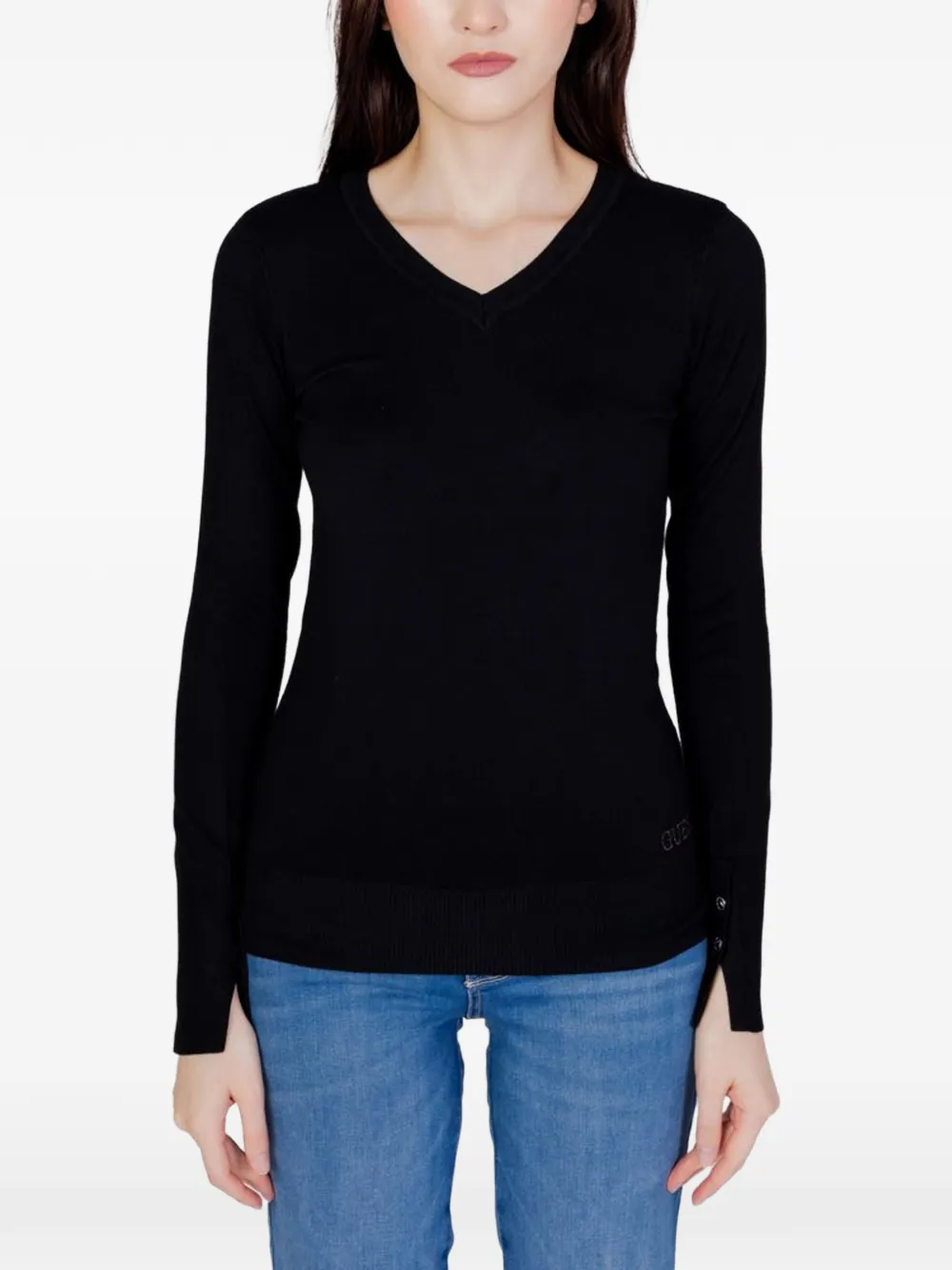 GUESS USA buttoned-cuff V-neck sweater Zwart