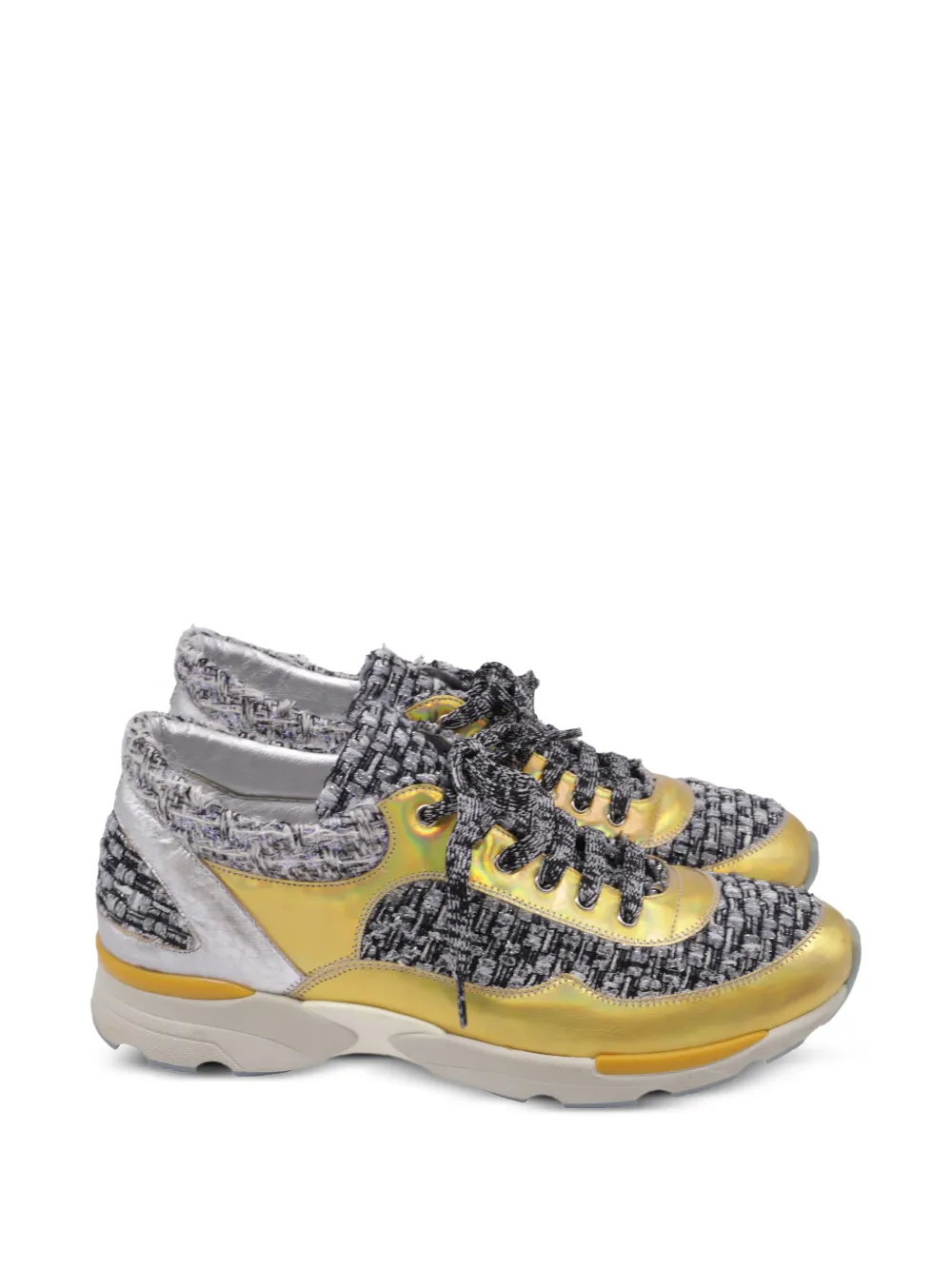 CHANEL Pre-Owned Tweed Accent low-top lace-up leather sneakers - Gold