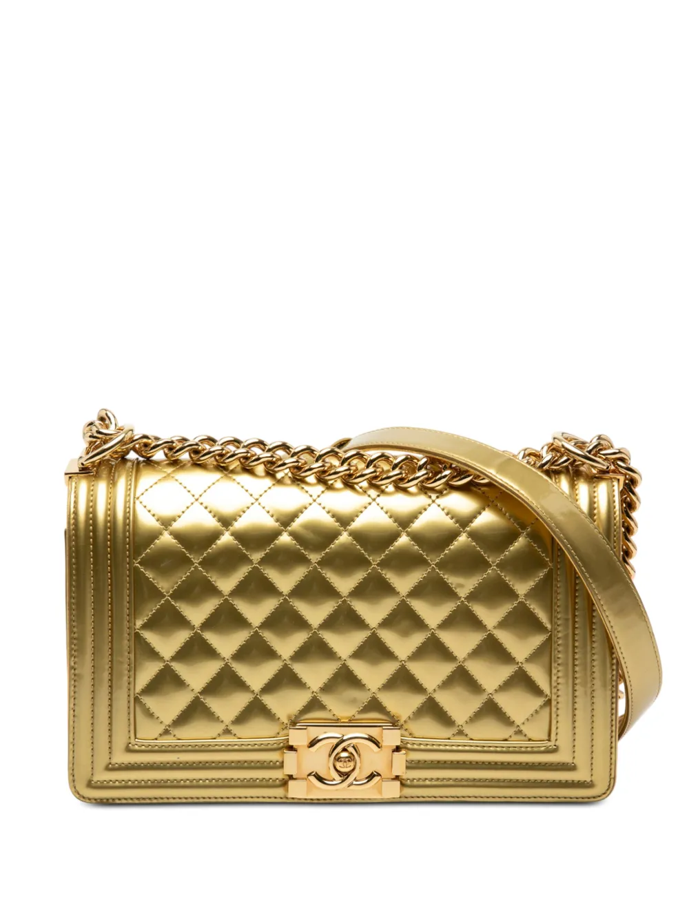 CHANEL Pre-Owned 2014 Old Medium Quilted Metallic Patent Boy Flap crossbody bag - Gold