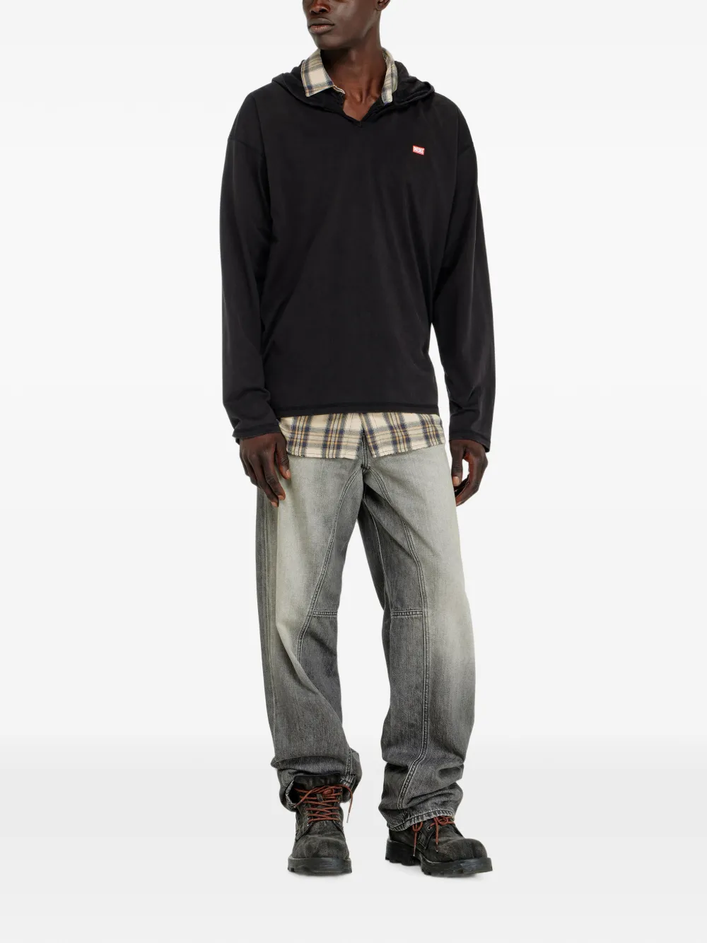Diesel T-shirt met lange mouwen en flanellen capuchon Zwart