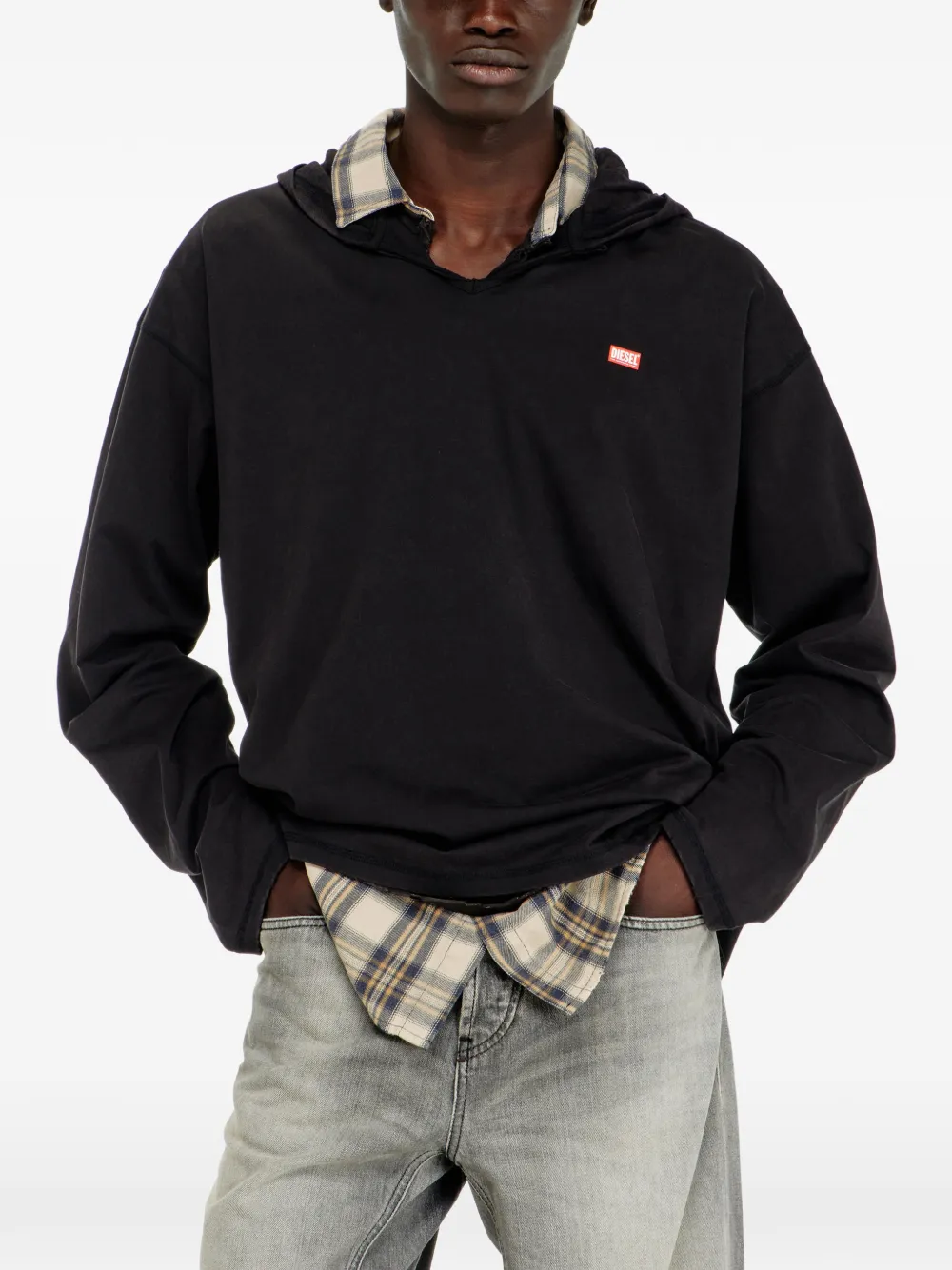 Diesel T-shirt met lange mouwen en flanellen capuchon Zwart