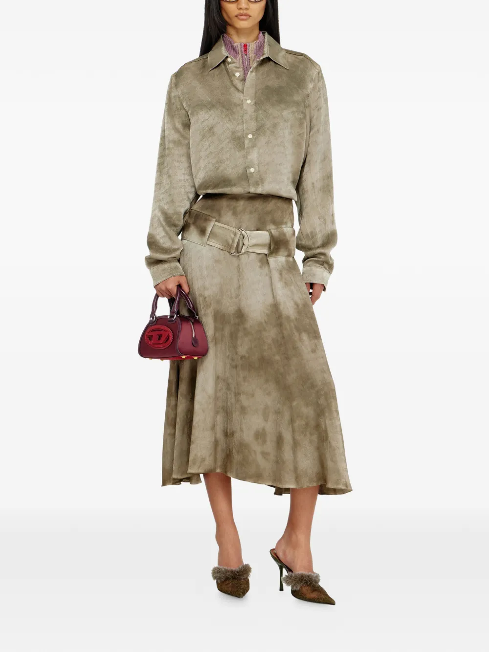 Diesel Midi-rok met ceintuur en logo-jacquard Beige