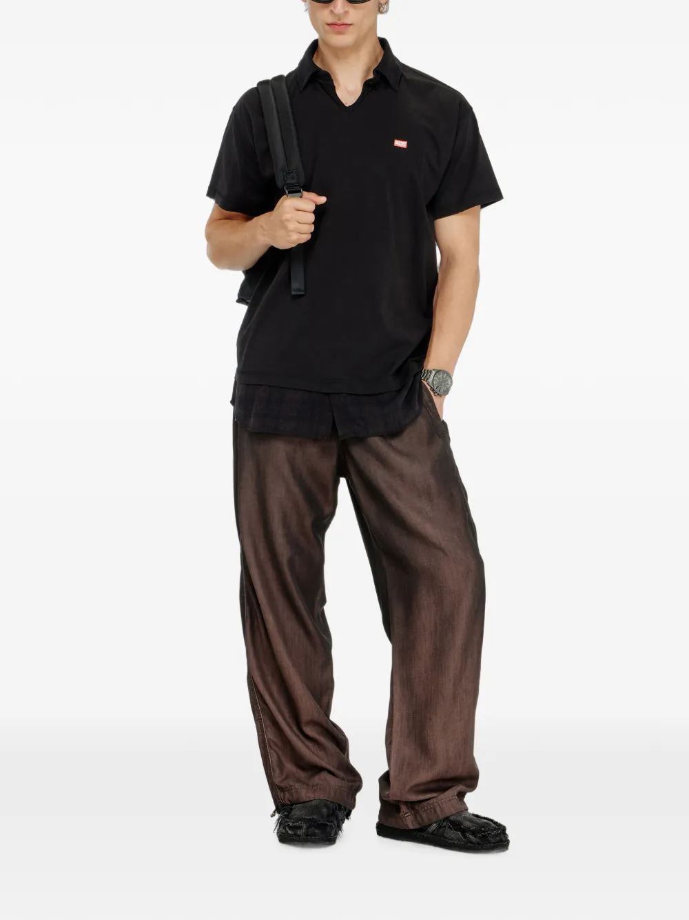 Diesel Jersey poloshirt met geruite flanellen afwerkingen Zwart