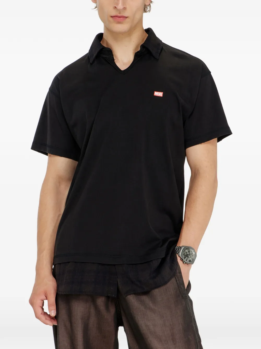 Diesel Jersey poloshirt met geruite flanellen afwerkingen Zwart