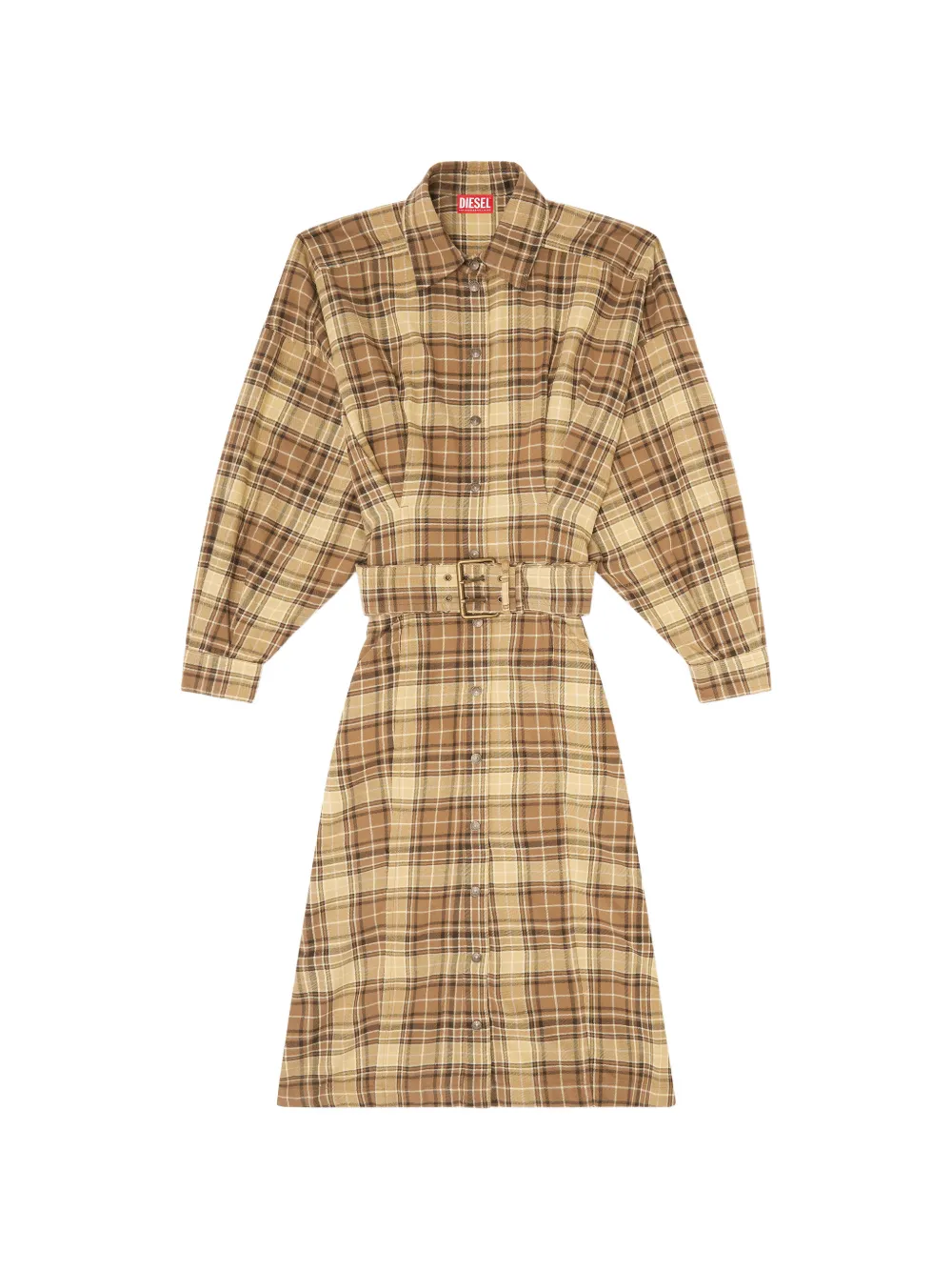 Diesel midi dress in check flannel with wide belt - Marrone