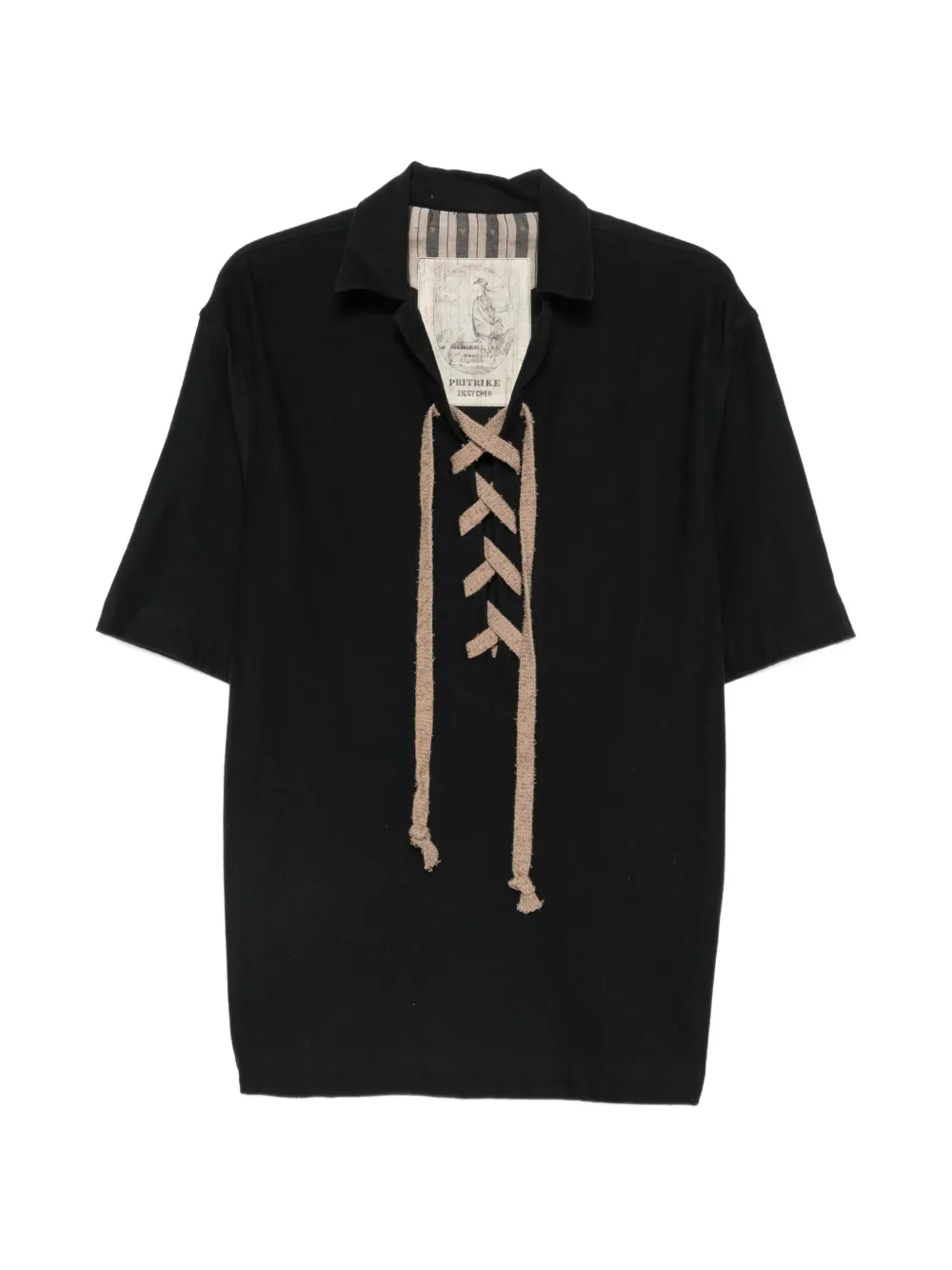 Ziggy Chen lace-up collar T-shirt - Nero