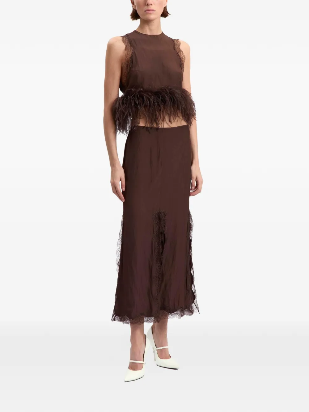 16Arlington Dickens Feather-trim Lace-detail Top in Brown, view 2