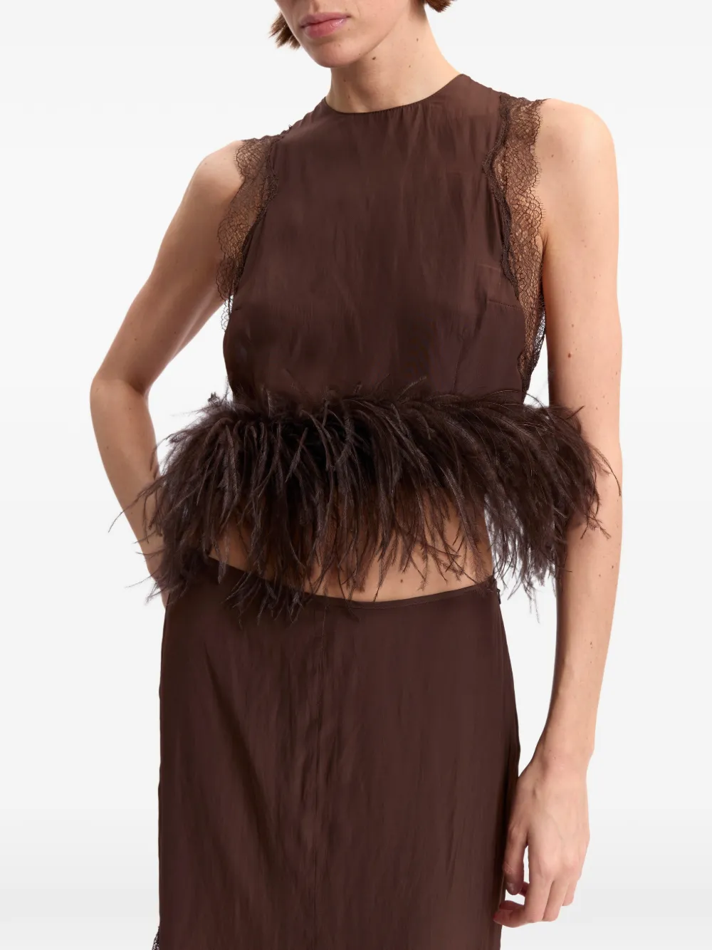 16Arlington Dickens Feather-trim Lace-detail Top in Brown, view 5