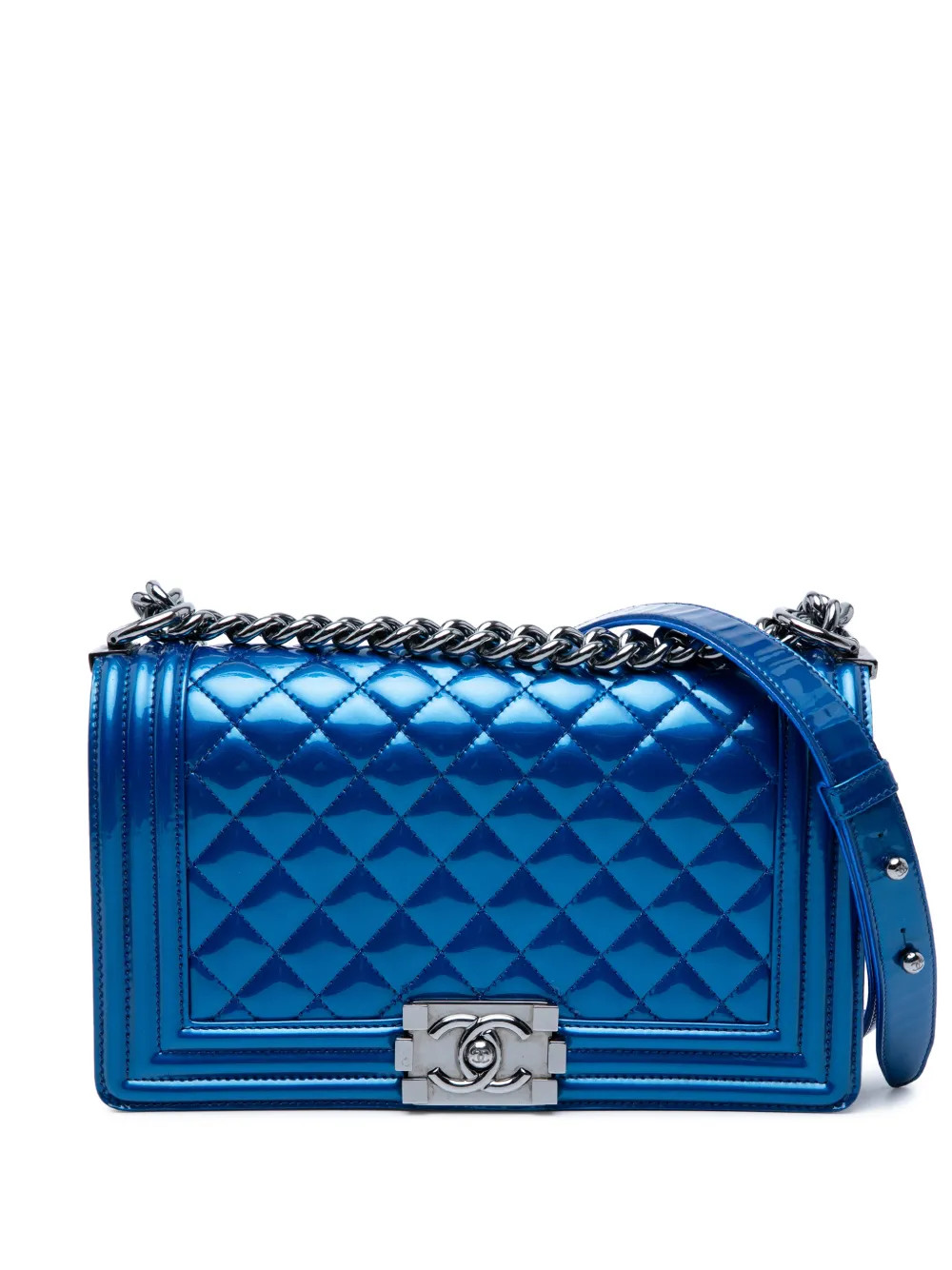 CHANEL Pre-Owned 2014 Old Medium Quilted Metallic Patent Boy Flap crossbody bag - Blu