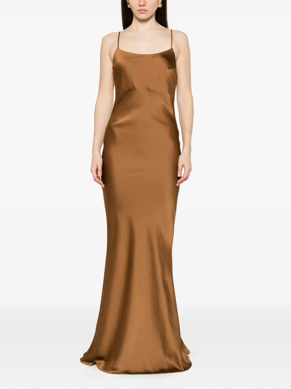 THE ANDAMANE Ninfea maxi-dress met ruches en open rug Bruin