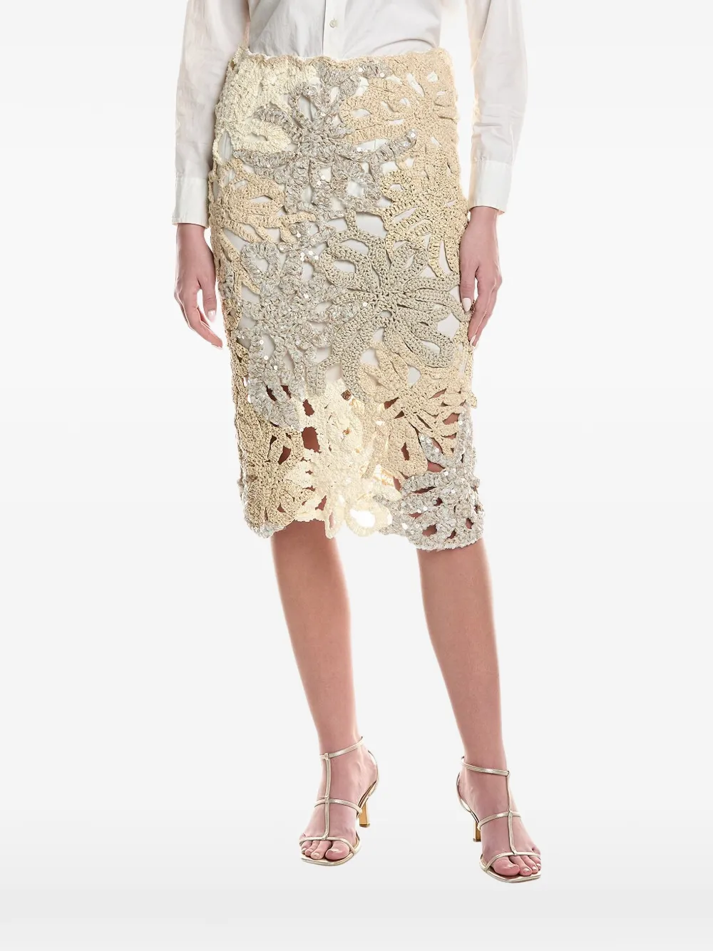 Brunello Cucinelli crochet-lace sequin-embellished midi skirt - Toni neutri