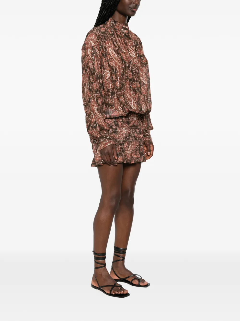 THE ANDAMANE Rania gesmockte mini-jurk met paisley-print Bruin