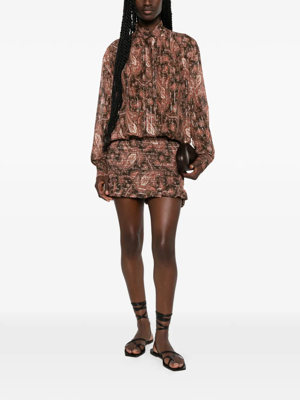 THE ANDAMANE Rania gesmockte mini-jurk met paisley-print Bruin