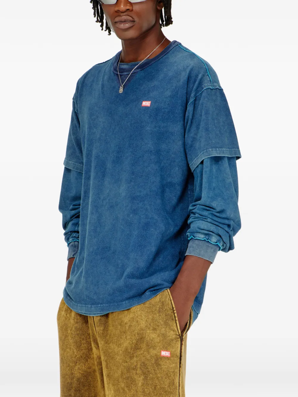 Diesel T-shirt met acid-wassing en franje Blauw