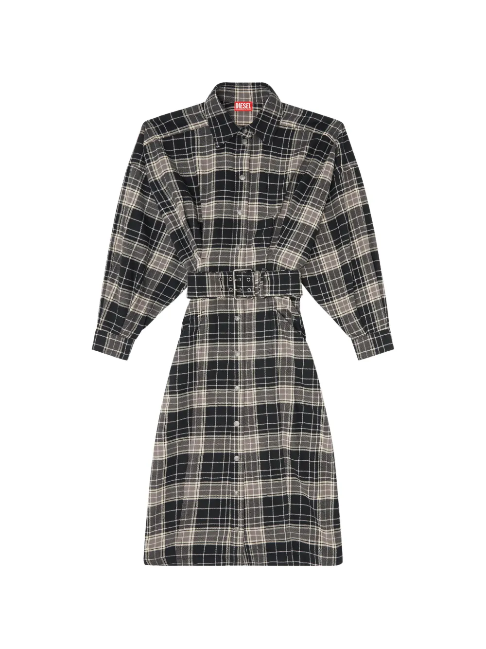 Diesel midi dress in check flannel with wide belt - Nero