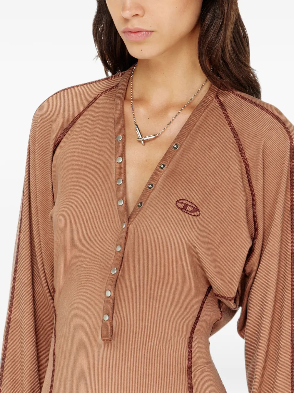 Diesel midi-jurk van geribbeld jersey met slagmouwen Bruin