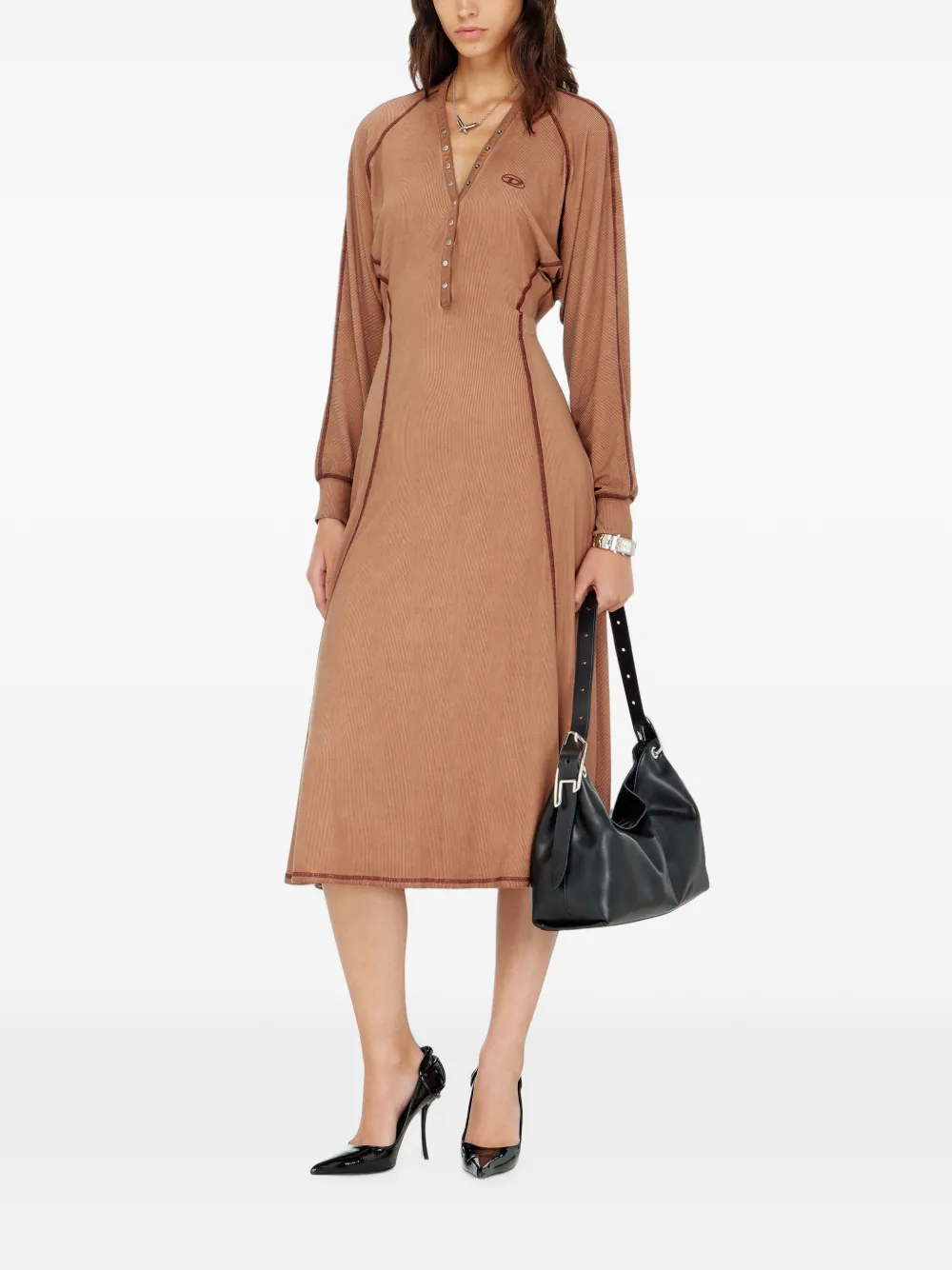 Diesel midi-jurk van geribbeld jersey met slagmouwen Bruin