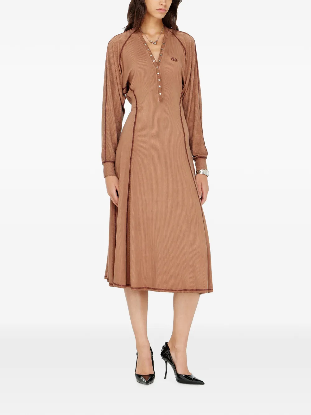 Diesel midi-jurk van geribbeld jersey met slagmouwen Bruin