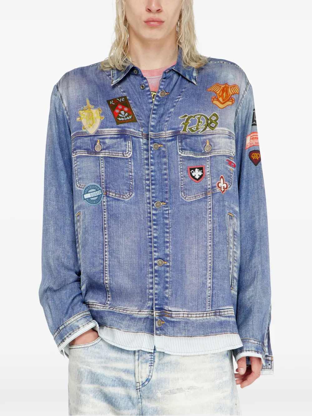 Diesel Satijnen blouse met trompe-l'oeil denim print Blauw