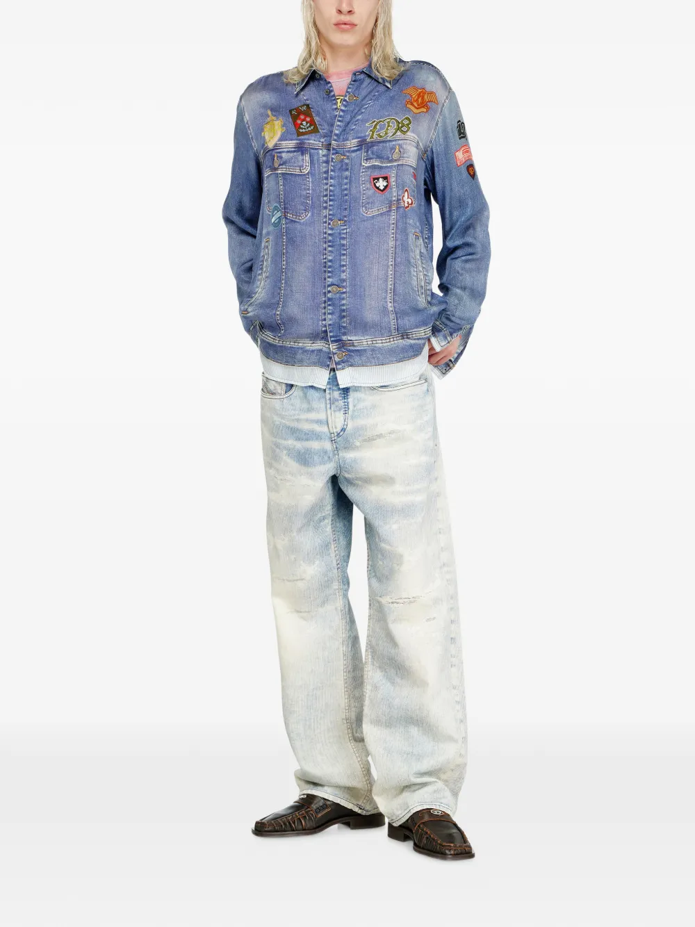 Diesel Satijnen blouse met trompe-l'oeil denim print Blauw