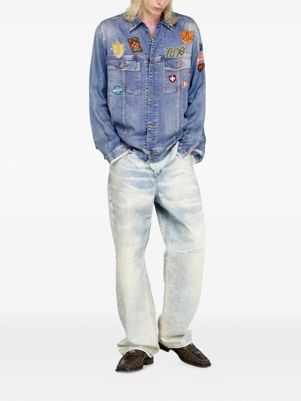 Diesel Satijnen blouse met trompe-l'oeil denim print Blauw