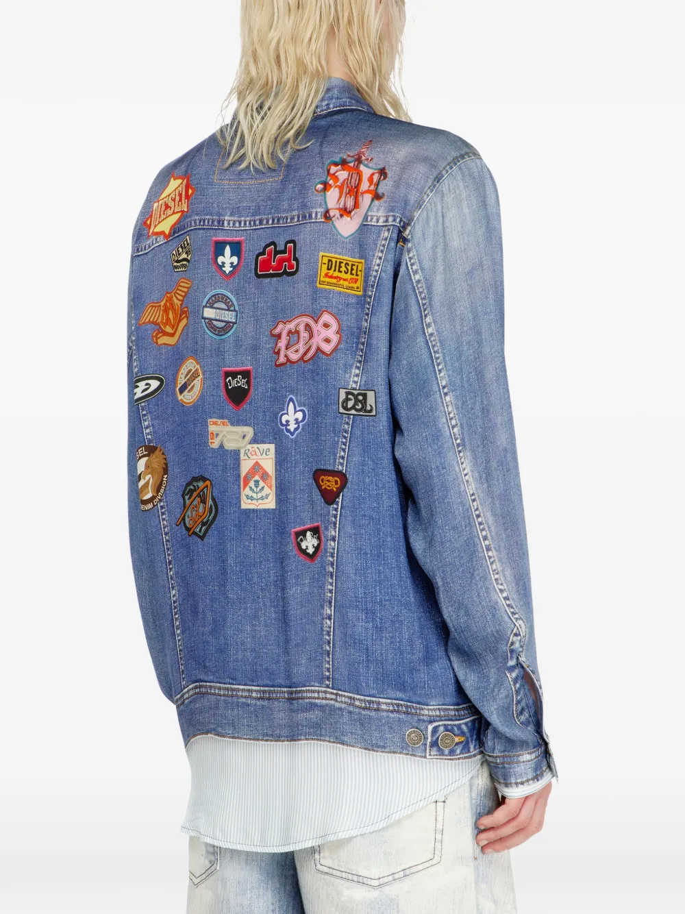 Diesel Satijnen blouse met trompe-l'oeil denim print Blauw
