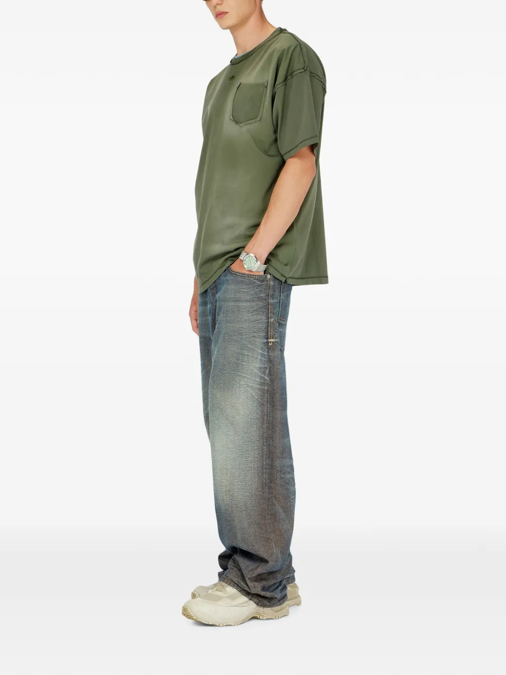 Diesel Vervaagd T-shirt met gescheurd zakdetail Groen